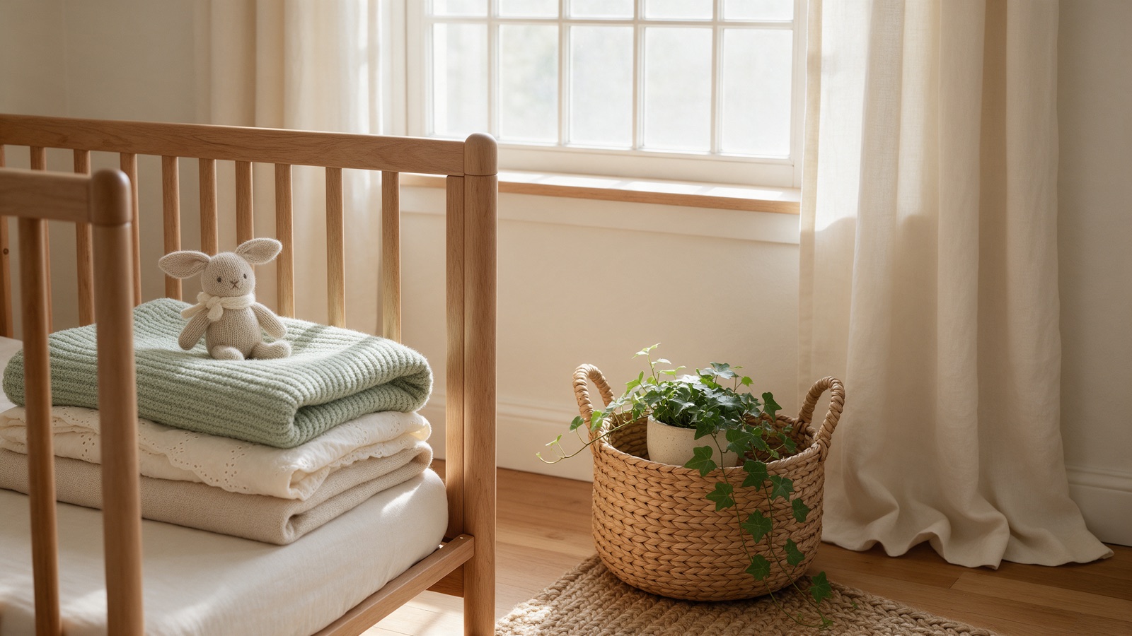 Lit à barreaux en bois clair avec couvertures pliées et doudou tricoté, panier en osier et plante verte près d'une fenêtre