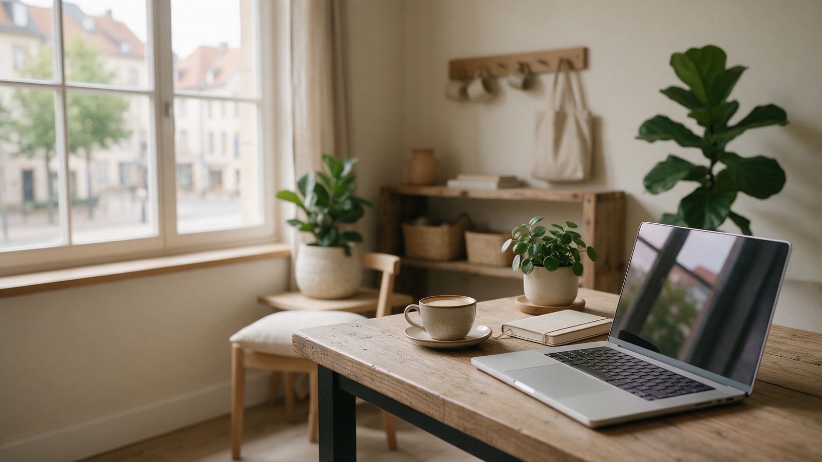 Bureau lumineux avec ordinateur portable, carnet et plantes vertes, près d'une fenêtre donnant sur une rue luxembourgeoise